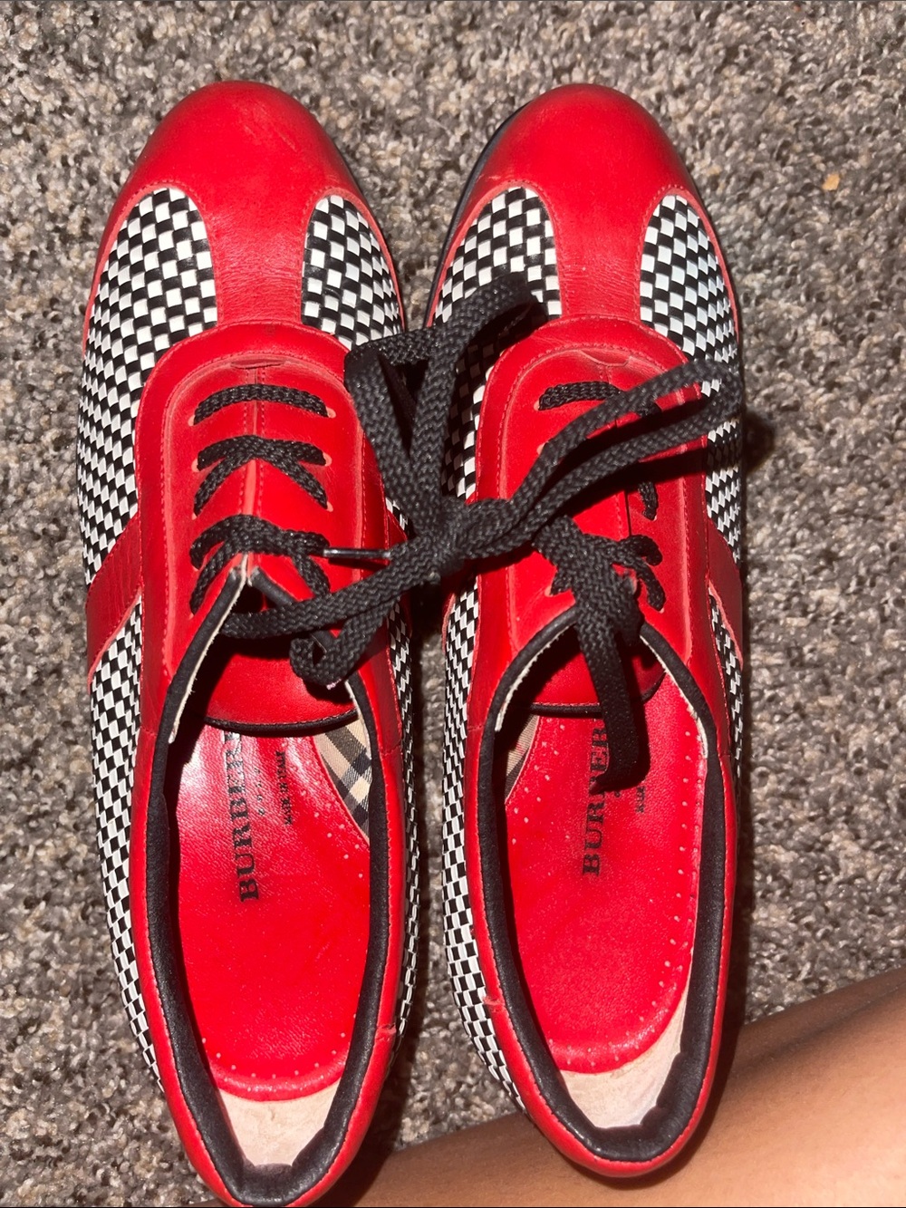 Burberry Red and Black Checkerboard Leather Sneakers
